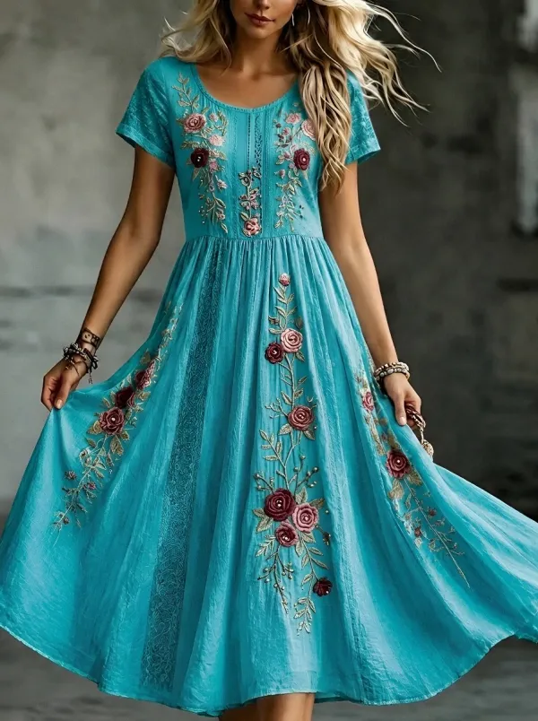 Women's Breast Cancer Awareness Floral Embroidered Printed Dress
