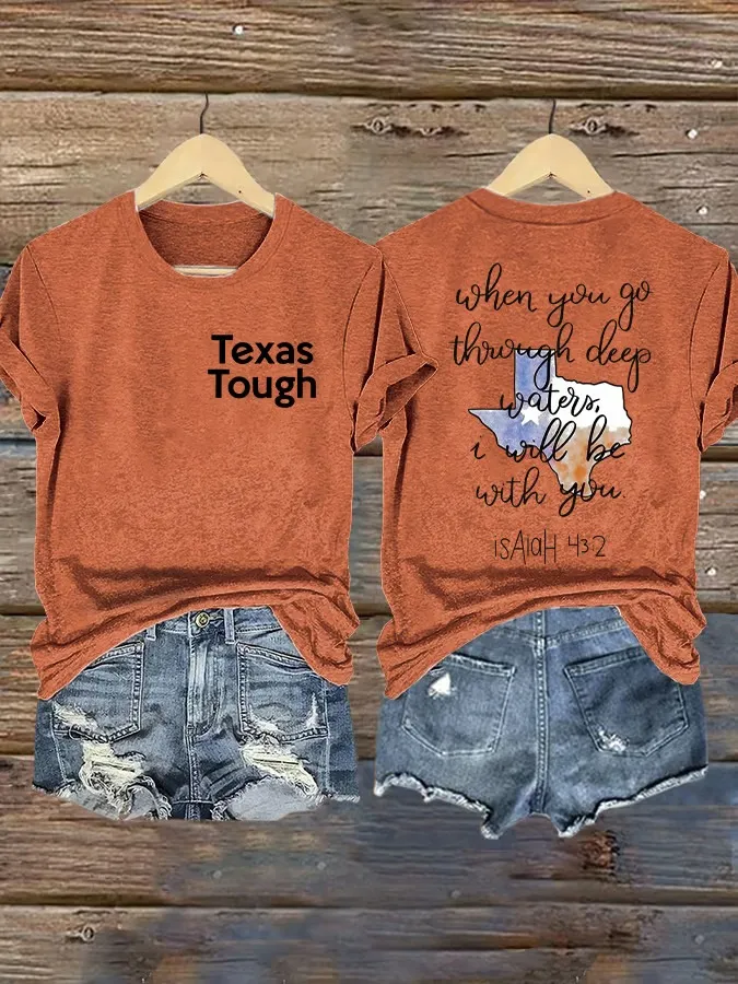 Retro Texas Tough Print Round Neck T-Shirt