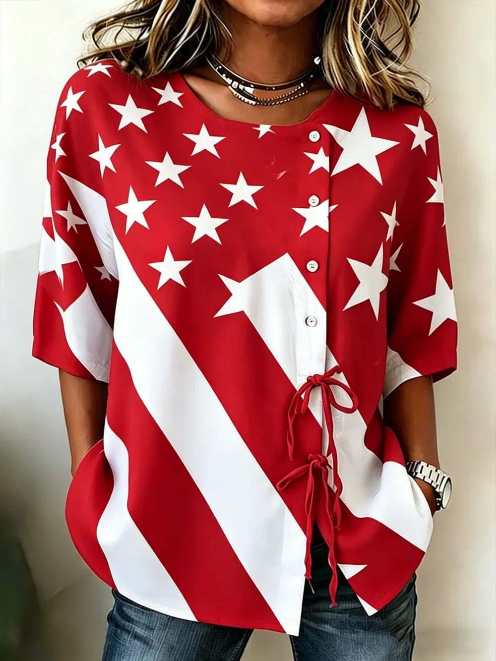 Ladies' Casual American Flag Personalized Printed Cotton Linen Top