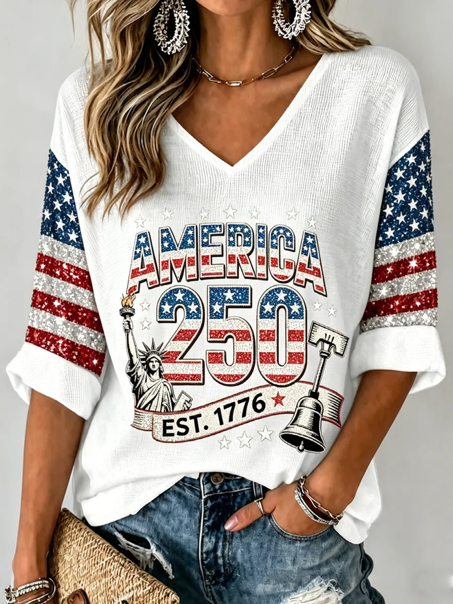 Women'S Retro Independence Day Faith Rose Pattern Casual V-Neck T-Shirt