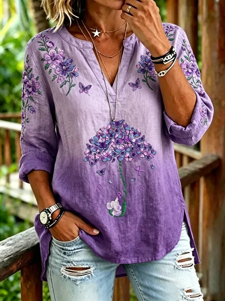 Women'S Cotton And Linen Flower Printing Top