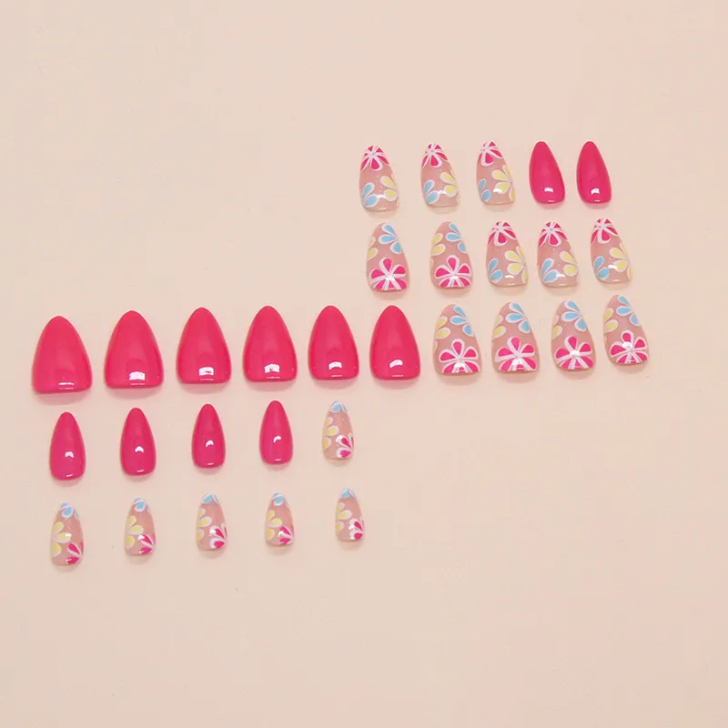 Nailhour Pink 30Pcs Floral Almond Summer Press On Nails