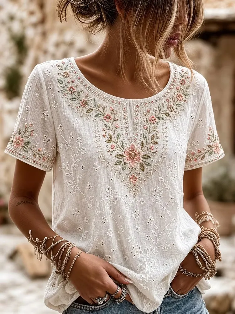 Women's Vintage Floral Rose Art Embroidered Linen Blend Tops