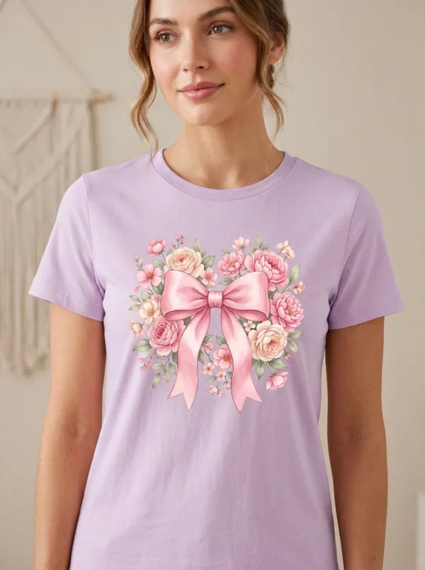 Women's Breast Cancer Awareness Floral Bow Printed T-shirt