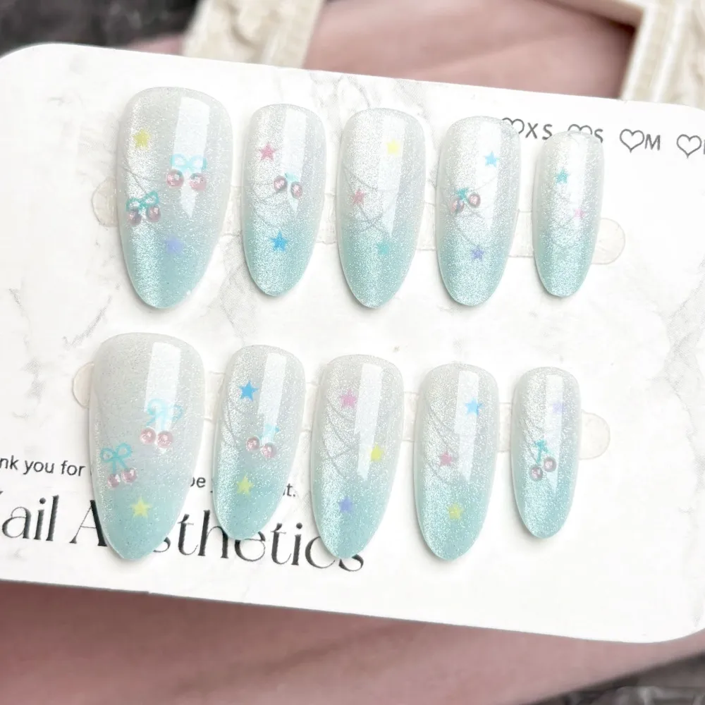 Nailhour 30Pcs Cat Eye Glitter Medium Almond Star Press On Nails