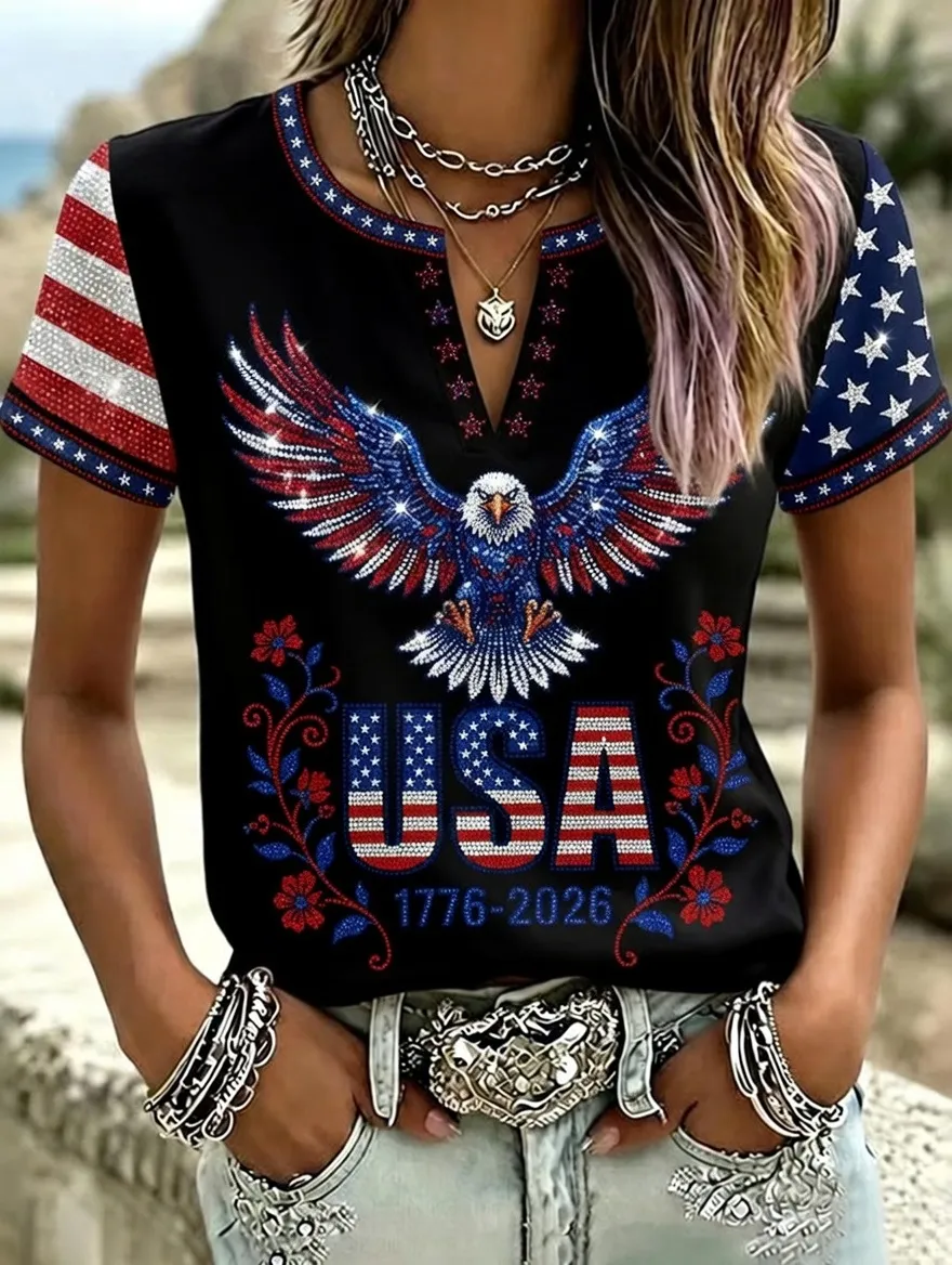 Women'S Casual Cotton Linen American Independence Day Floral Art Printed Short Sleeved T-Shirt