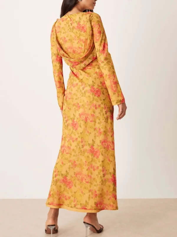Floral Design Boat Neck Dress