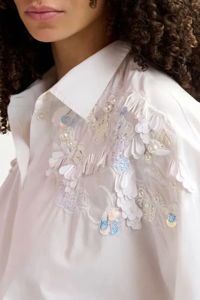 Embroidered Detail Button Up White Shirts