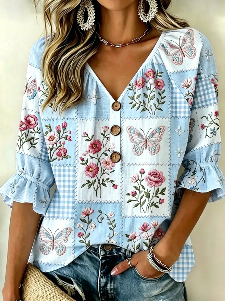 Women'S Floral Cotton Linen Shirt