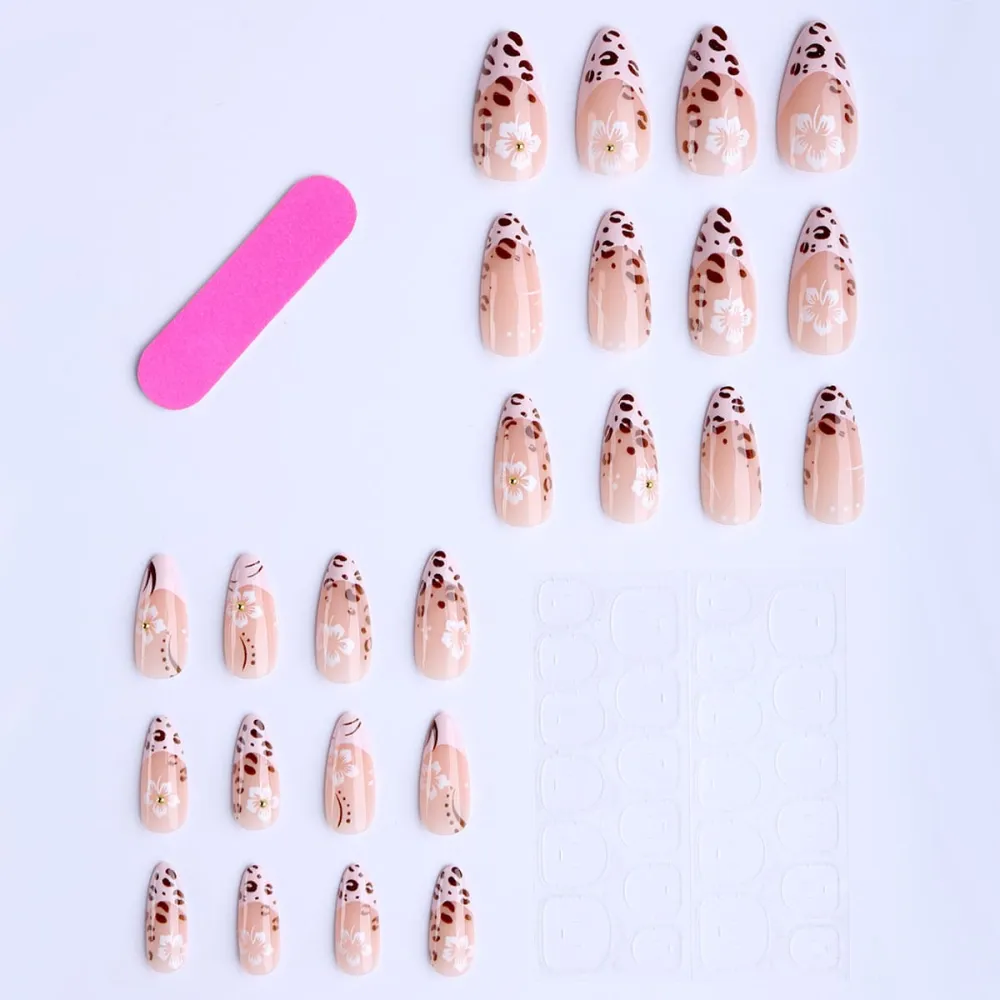 Nailhour 24Pcs Sweet Floral Leopard Print Medium Almond French Press On Nails