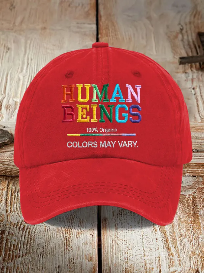 Retro Human Beings 100% Organic Colors May Vary Human Rights Equality Pride Print Baseball Cap