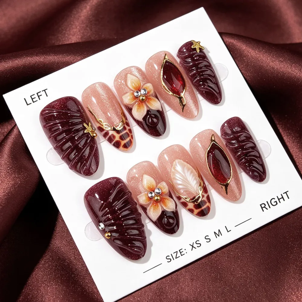 Nailhour 30Pcs Floral 3D Gradient Autumn Medium Almond French Press On Nails