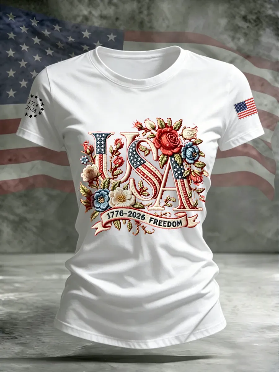Women's Flag & Floral Print Cotton-Linen T-Shirt