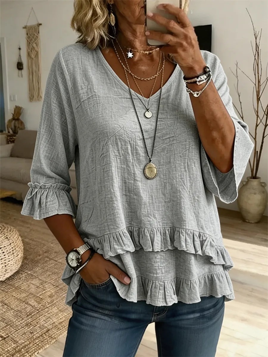 Women's Linen Blend Ruffle Hem V-Neck 3/4 Sleeve Casual Blouse