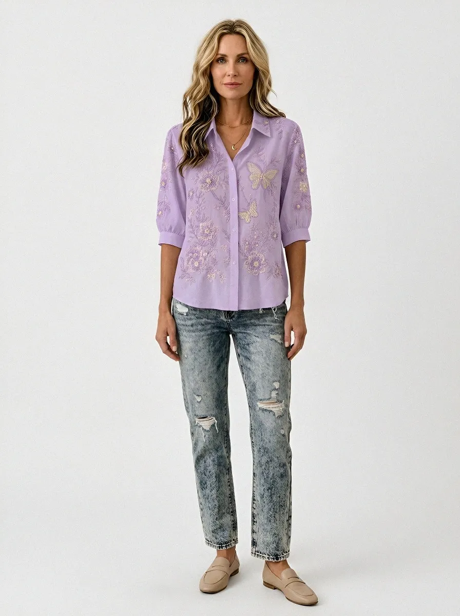 Women's Breast Cancer Awareness Butterfly Floral Beaded Printed Shirt