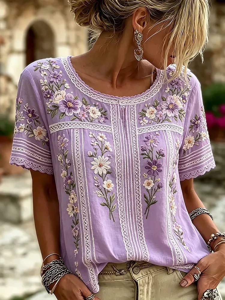 Women'S Casual Printed Cotton And Linen Round Neck Top