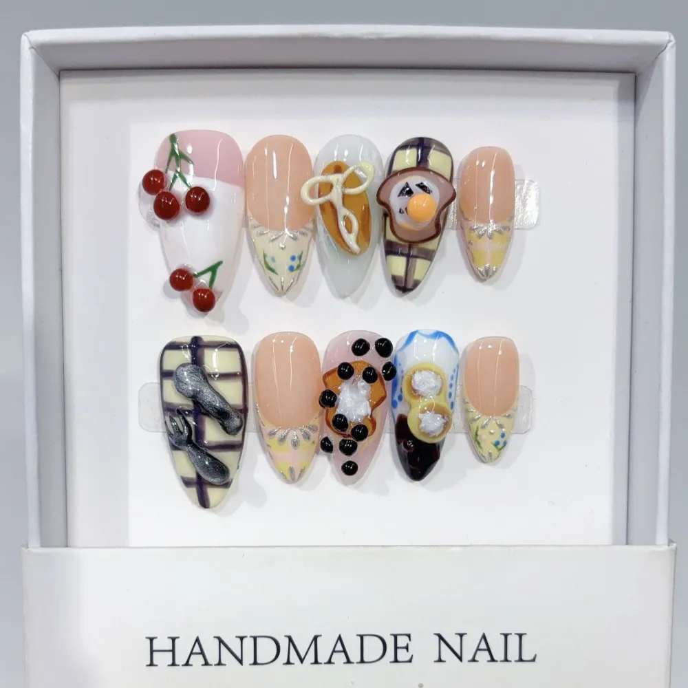 Nailhour 10Pcs Handmade 3D Medium Almond French Press On Nails