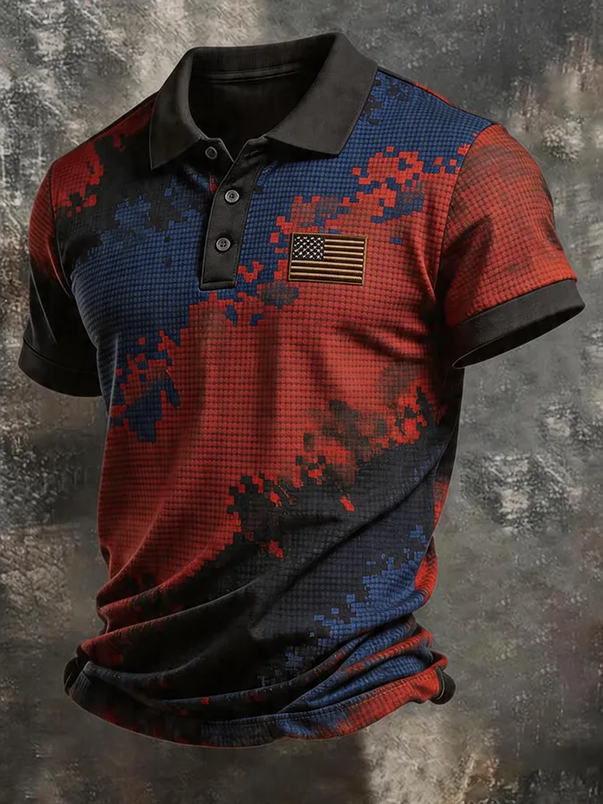 Men's Retro Gradient Embroidered Flag Print Waffle Polo
