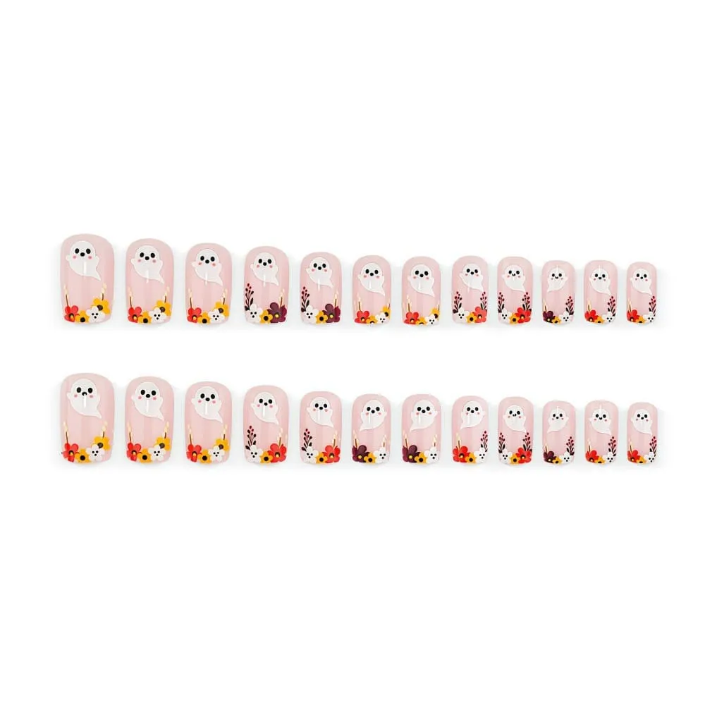 Nailhour 24Pcs French Halloween Cute Floral Ghost Short Square Press On Nails