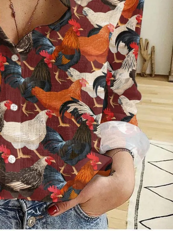 Rooster Print Long Sleeve Shirt