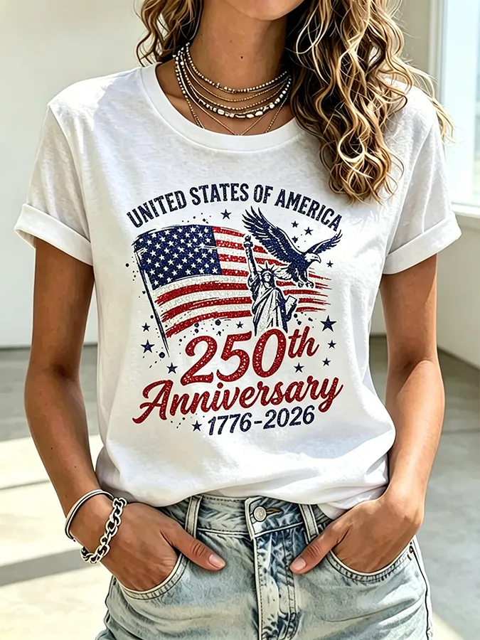 Ladies' Casual American 250Th Anniversary Commemorative Sequin Personalized Printed Round Neck Short Sleeved T-Shirt