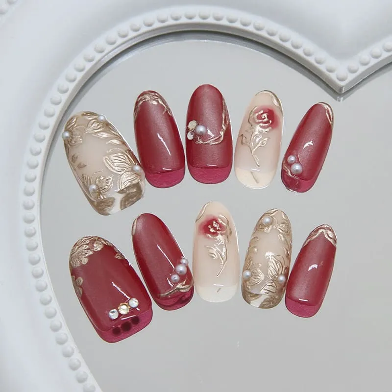 Nailhour 30Pcs Gilded Red 3D Cat Eye Medium Almond Press On Nails