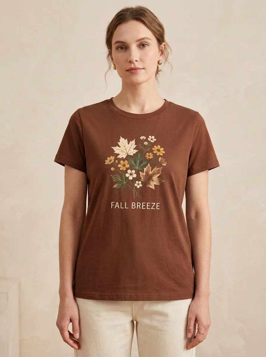 Maple Leaf Floral Printed Women's Graphic T-Shirt