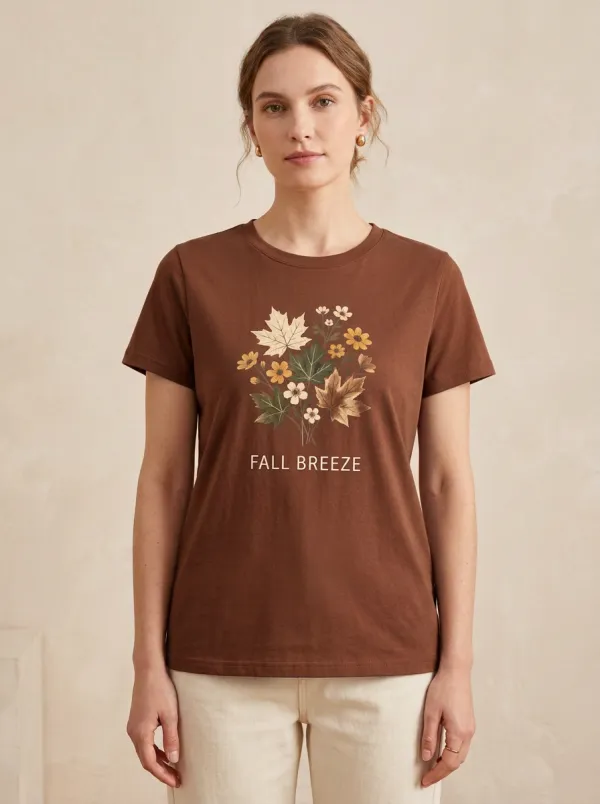 Maple Leaf Floral Printed Women's Graphic T-Shirt