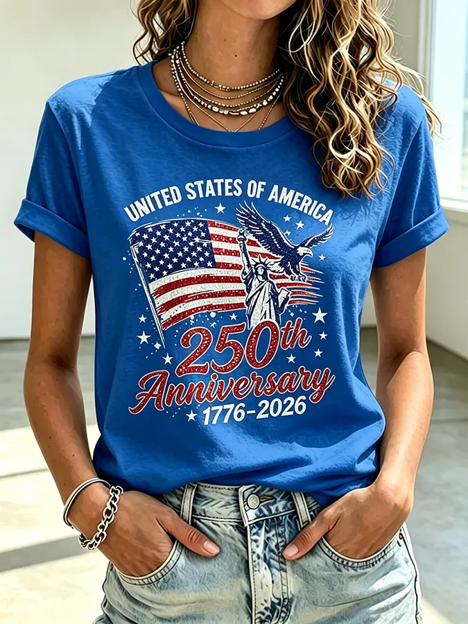 Ladies' Casual American 250Th Anniversary Commemorative Sequin Personalized Printed Round Neck Short Sleeved T-Shirt