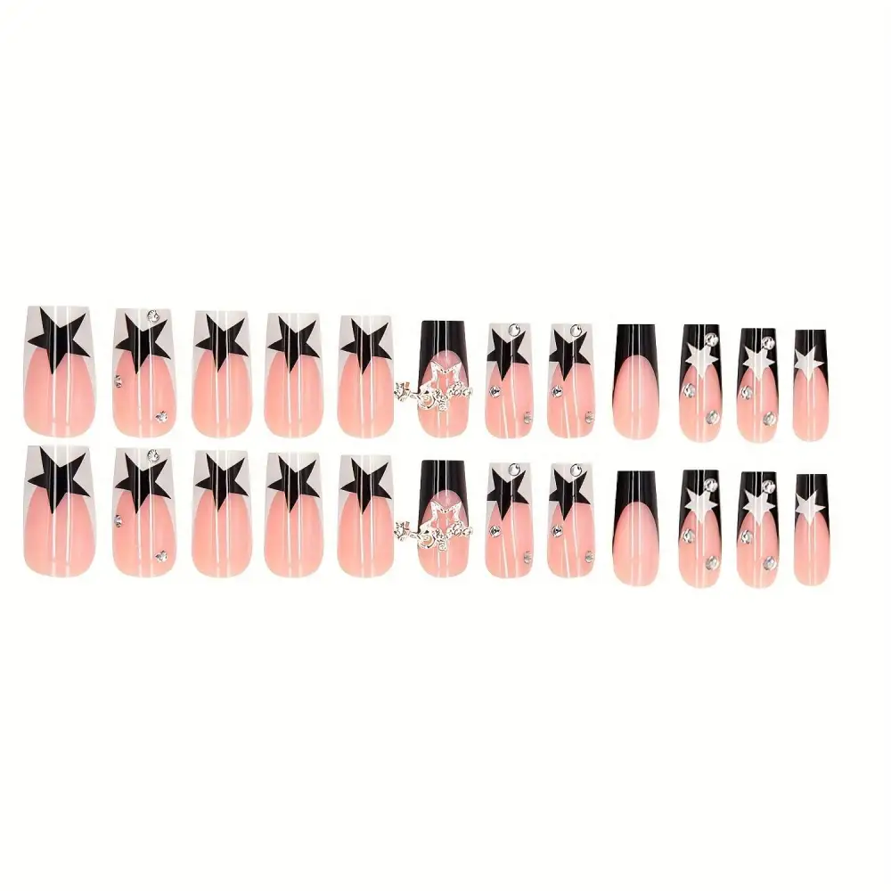 Nailhour 24Pcs Long Square Elegant Black Star Metal Press On Nails