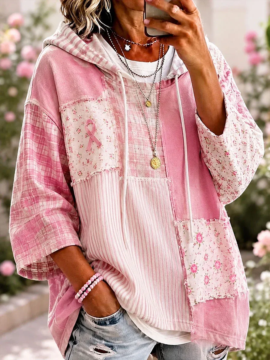 Patchwork Women'S Contrasting Patchwork Hooded Top - shoptohelppaws1