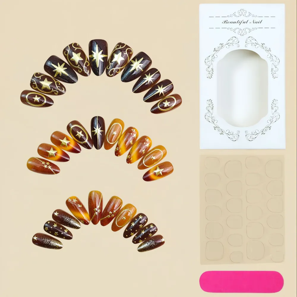 Nailhour 30Pcs Medium Almond Gold Star Press On Nails