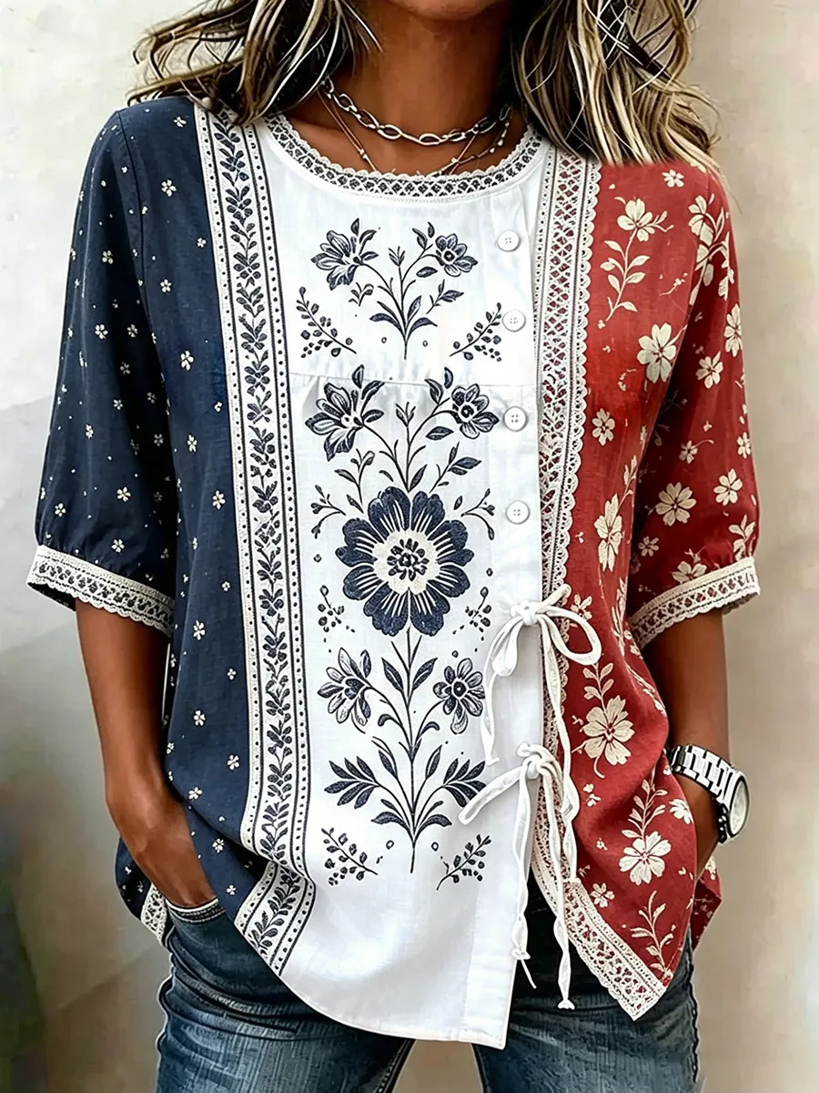 Women's Cotton Linen Floral Floral 250th Anniversary Digital Print Top