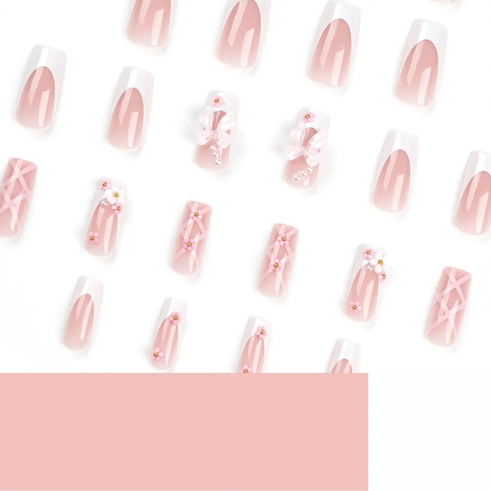 Nailhour Square Date 24Pcs Bow-knot French Press On Nails