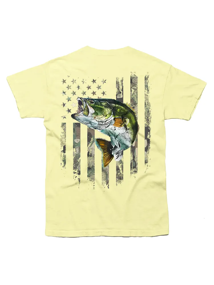 American Flag (Print On The Back) Camo Bass Fish Fishing T-Shirt