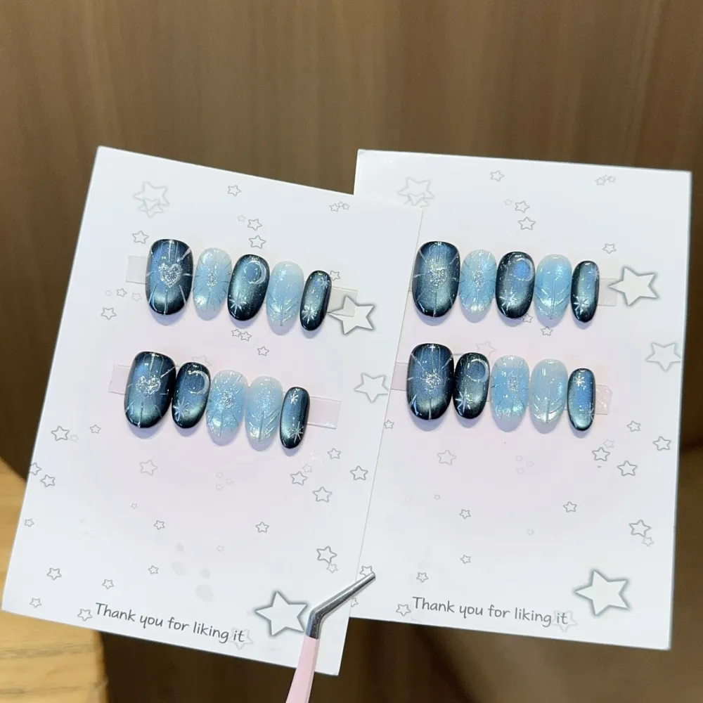 Nailhour 10Pcs Blue Cat Eye Medium Oval Press On Nails