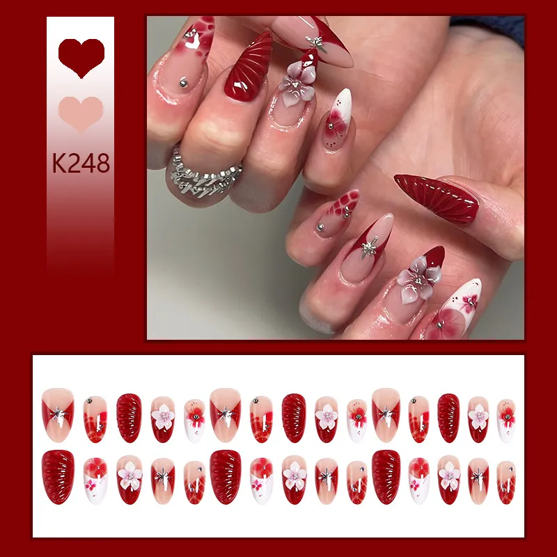 Nailhour French 3D Red Floral Stiletto 30Pcs Press On Nails