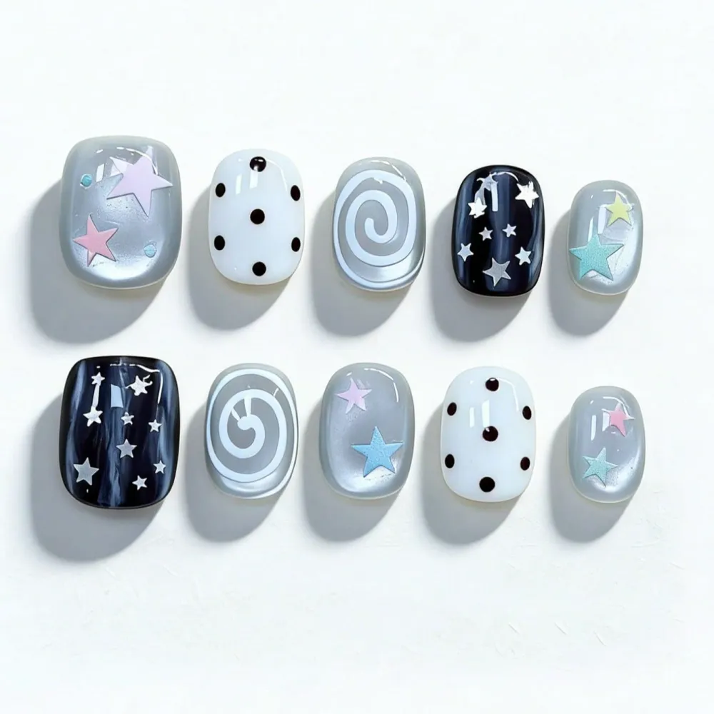 Nailhour 10Pcs Y2K Cat Eye Vintage Blue Short Squoval Press On Nails