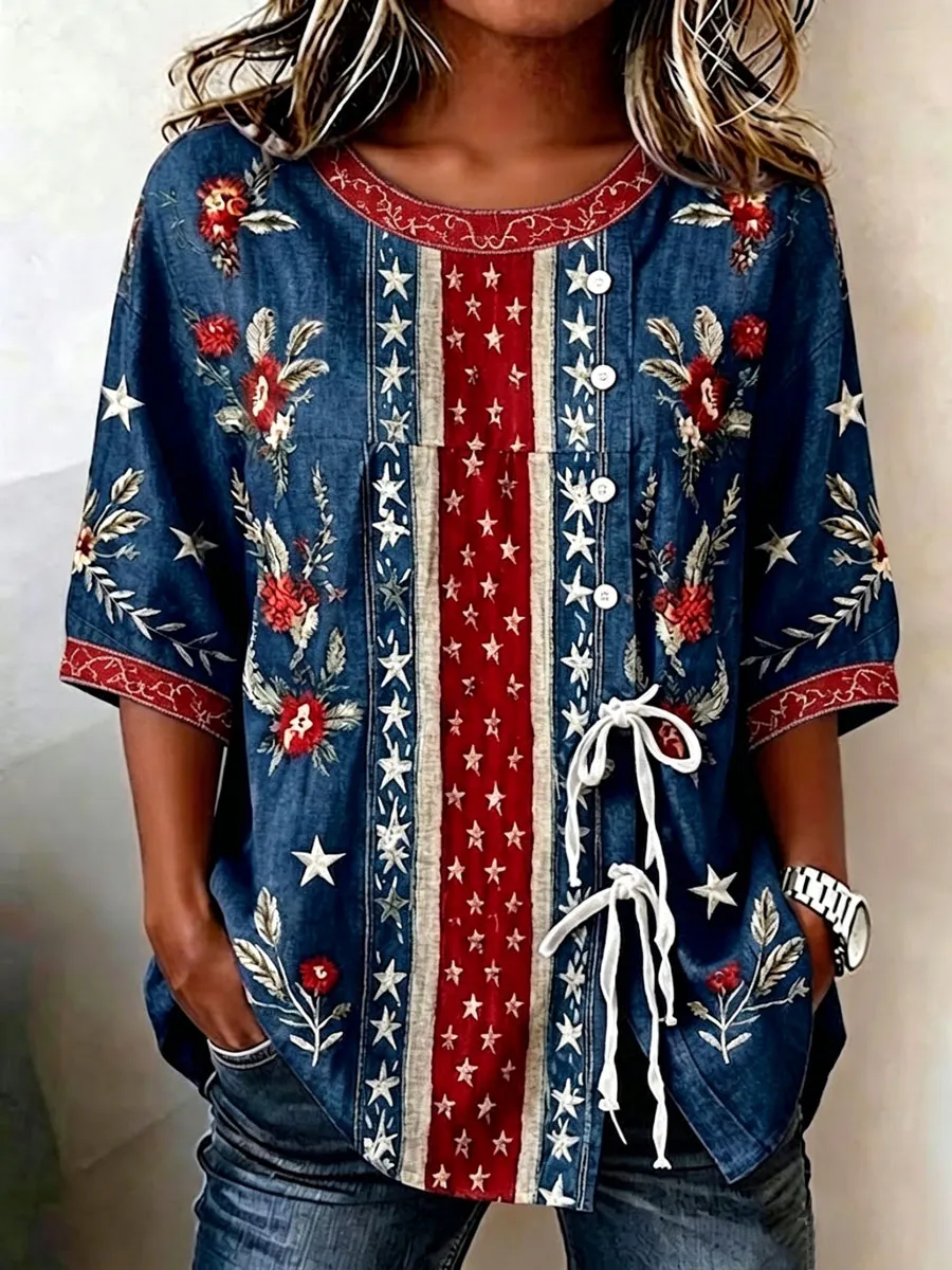 Women's Cotton Linen USA 250th Anniversary Print Shirt