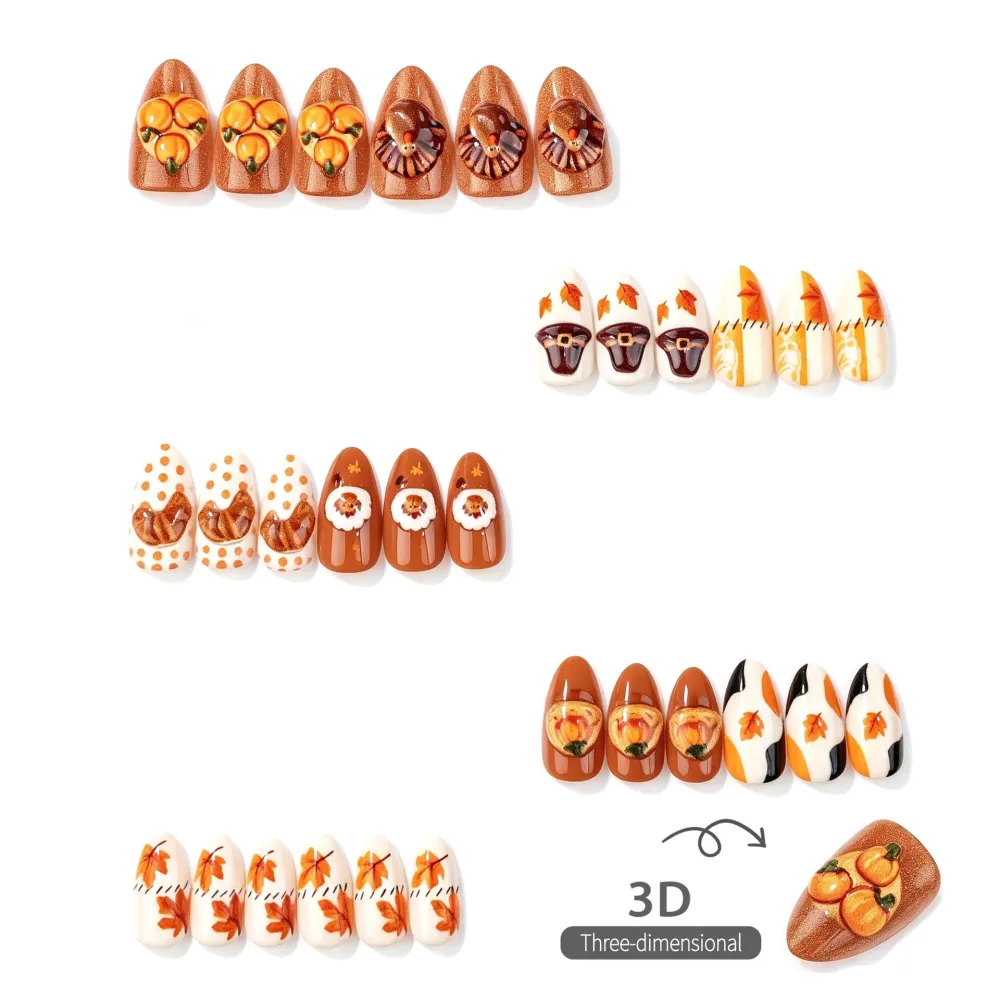 Nailhour 30Pcs Thanksgiving Autumn Medium Almond French Press On Nails