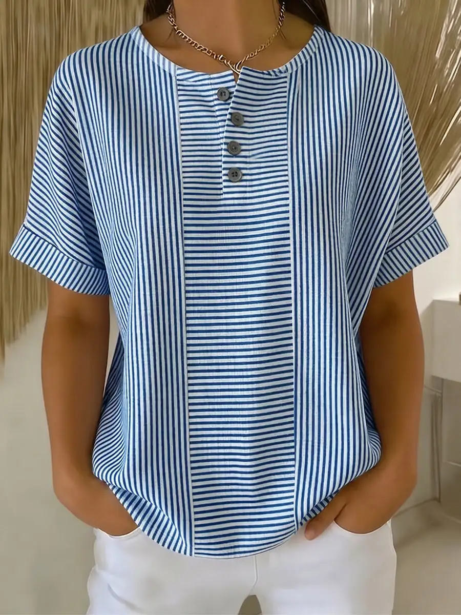 Women's casual striped cotton linen button-down shirt