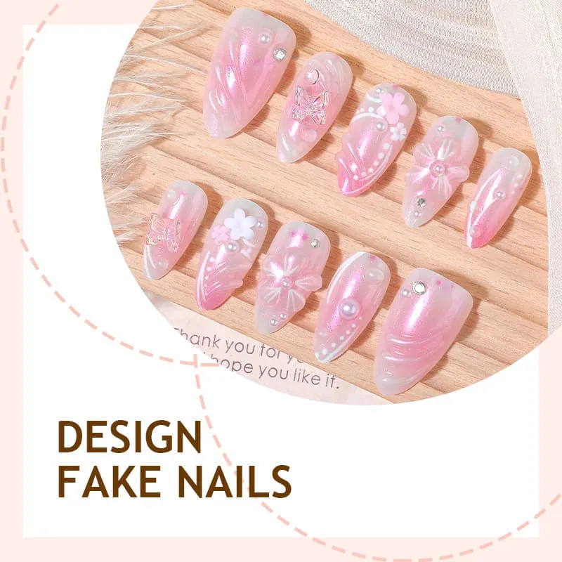 Nailhour 30Pcs Pink Fish Tail 3D Medium Almond French Press On Nails