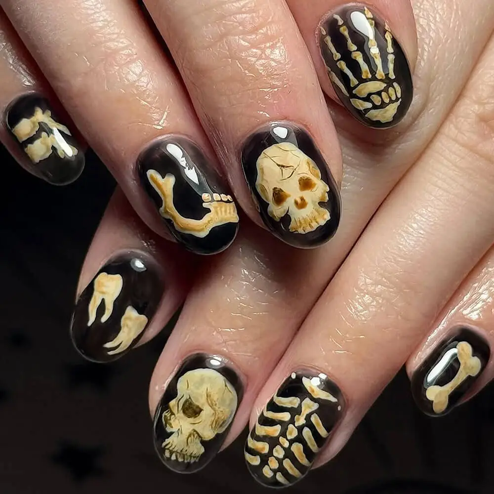 Nailhour 24Pcs Black Halloween Short Oval Press On Nails