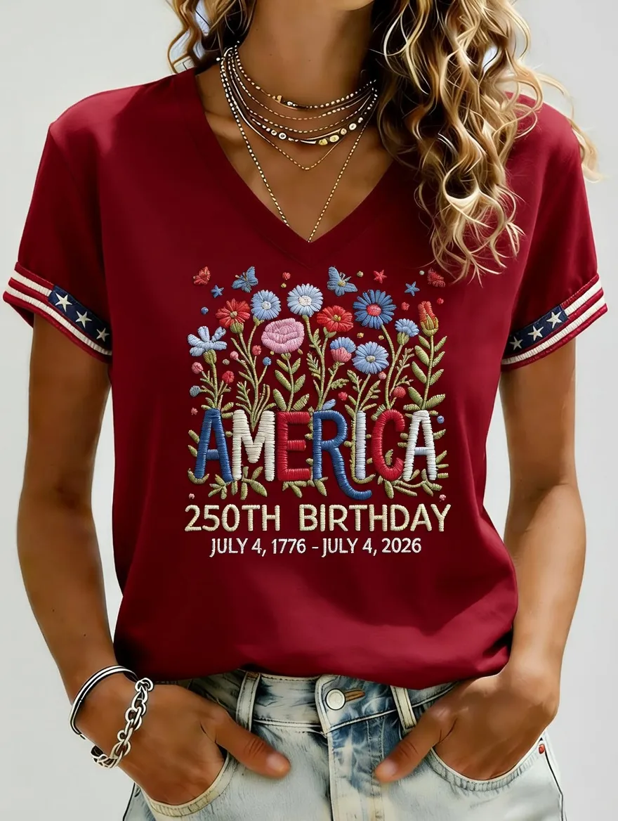 Women's Independence Day 250th Anniversary Printed V-neck T-shirt