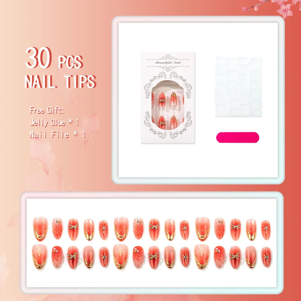 Nailhour 30Pcs Blending 3D Medium Almond Red French Press On Nails