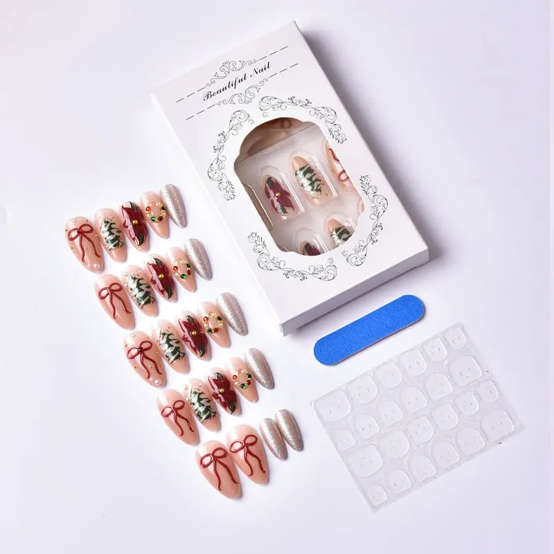 Nailhour 24Pcs Christmas Tree 3D Medium Almond French Christmas Press On Nails