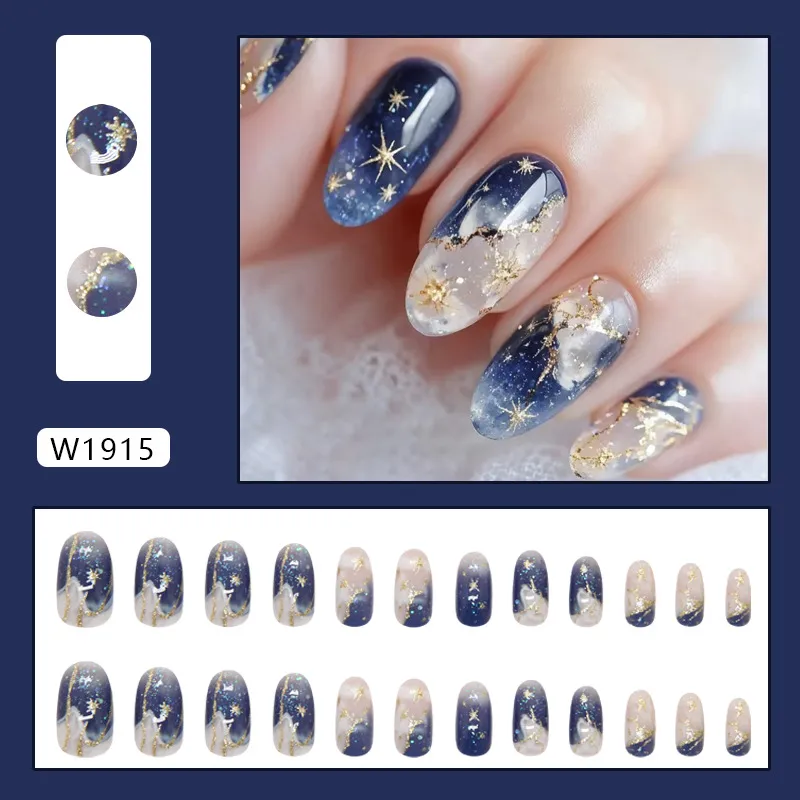 Nailhour Oval Gradient Glitter 24Pcs Blue Almond Cool Press On Nails