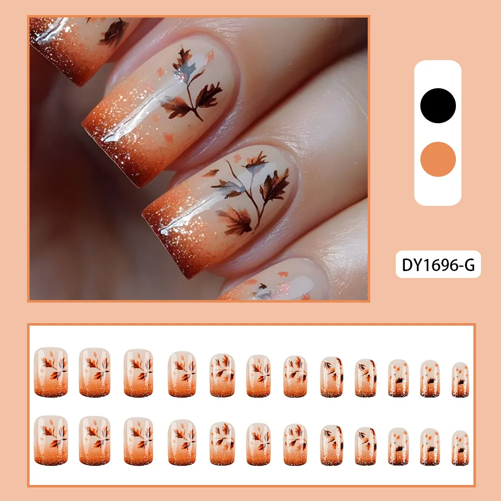 Nailhour Autumn Maple Leaves Caramel Gradient 24Pcs Square Press On Nails