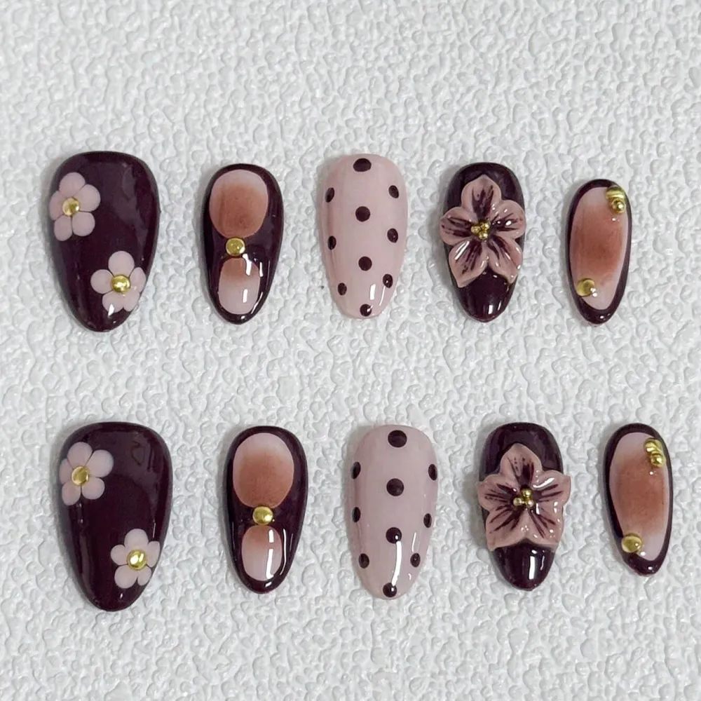 Nailhour 10Pcs Handmade 3D Medium Almond Brown Floral  Press On Nails