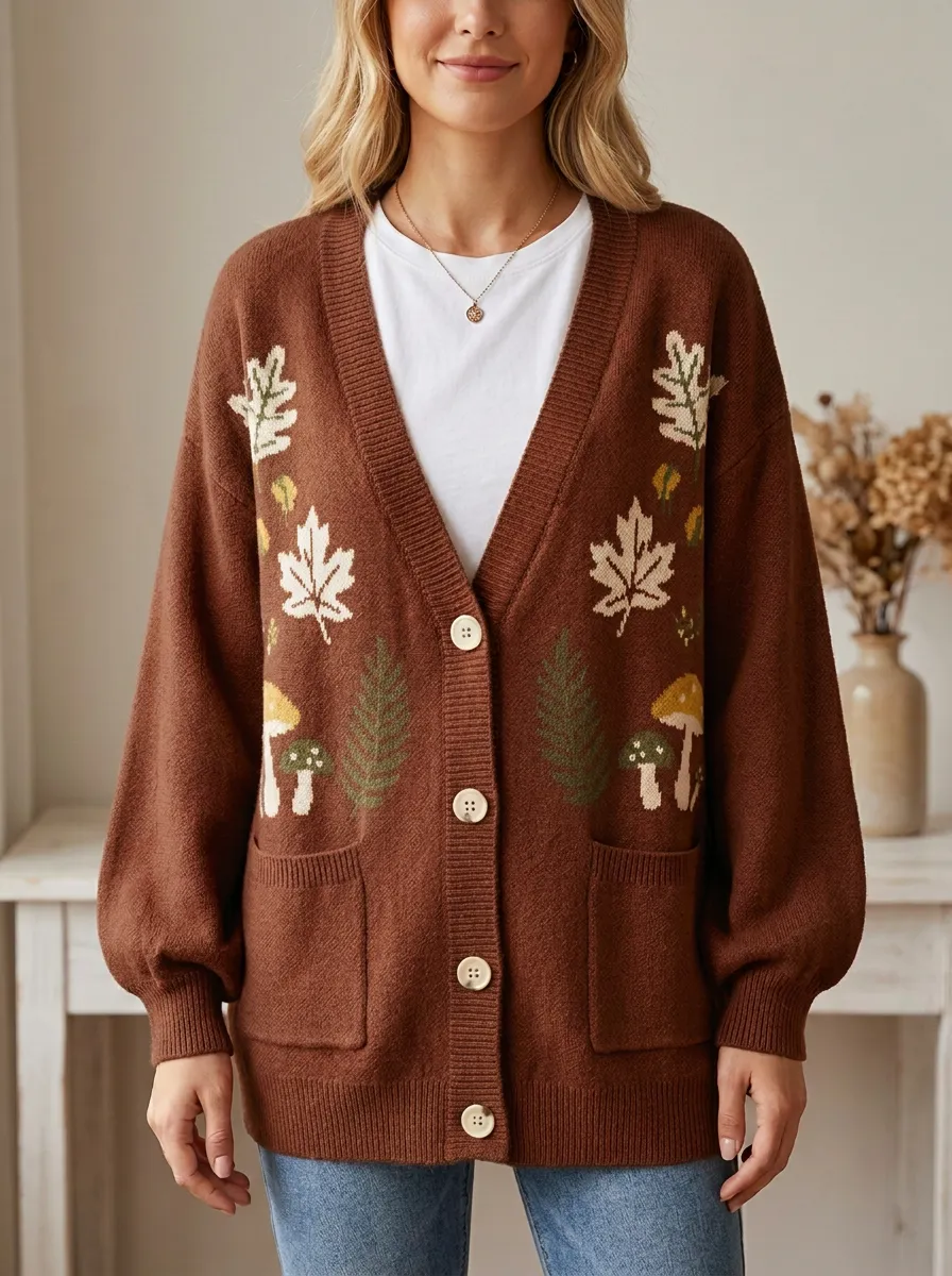 Mushroom Leaf Pattern Patterned Women's Knit Cardigan